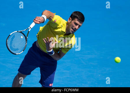 Melbourne, Australien. 24. Januar 2016. Novak Djokovic Serbien in Aktion in einem 4. Runde match gegen Gilles Simon von Frankreich am Tag sieben des 2016 Australian Open Grand Slam Tennis-Turnier im Melbourne Park in Melbourne, Australien. Sydney Low/Cal Sport Media/Alamy Live-Nachrichten Stockfoto