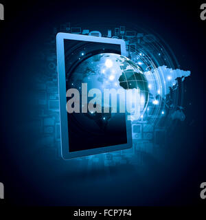 Globale Technologien Konzept mit Tablet pc und Media-icons Stockfoto