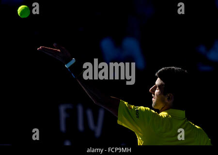 Melbourne, Australien. 24. Januar 2016. Novak Djokovic Serbien in Aktion in einem 4. Runde match gegen Gilles Simon von Frankreich am Tag sieben des 2016 Australian Open Grand Slam Tennis-Turnier im Melbourne Park in Melbourne, Australien. Sydney Low/Cal Sport Media/Alamy Live-Nachrichten Stockfoto