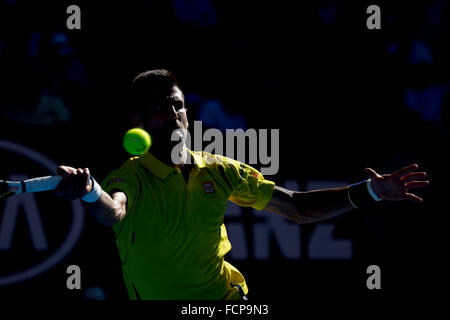 Melbourne, Australien. 24. Januar 2016. Novak Djokovic Serbien in Aktion in einem 4. Runde match gegen Gilles Simon von Frankreich am Tag sieben des 2016 Australian Open Grand Slam Tennis-Turnier im Melbourne Park in Melbourne, Australien. Sydney Low/Cal Sport Media/Alamy Live-Nachrichten Stockfoto