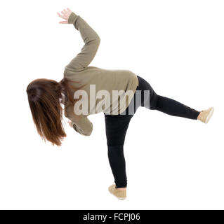 Rückansicht Salden schwenkte die arme Frau. Junges Mädchen im Parka stehen. Hintere Ansicht Menschen Sammlung. Rückseite Blick auf Person. Isoliert auf weißem Hintergrund. Stockfoto