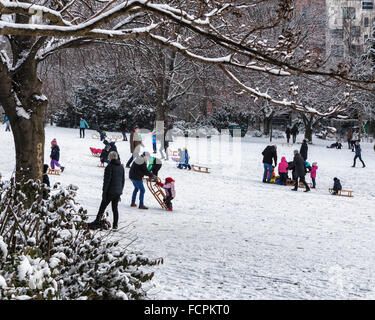 Berlin, Mitte, Familien auf dem Schlitten im verschneiten öffentlichen Park im Winter, Volkspark bin Weinbergsweg, Berlin Stockfoto