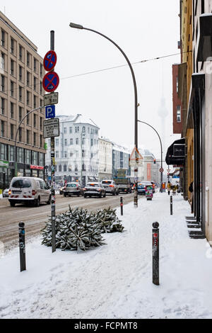 Verlassene Weihnachtsbäume auf einem verschneiten Berlin-Pflaster Stockfoto