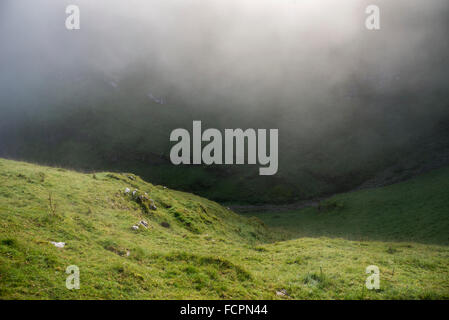 Einem nebligen Herbstmorgen in Cavedale, Castleton im Peak DIstrict National Park. Stockfoto