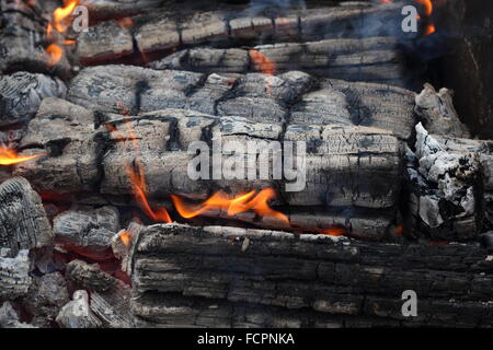 Flamme auf heiße live Holzkohle extreme Nahaufnahme Foto Stockfoto