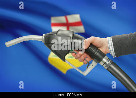 Kraftstoff Pumpe Düse in der hand mit kanadischen Provinzen und Territorien Fahnen auf Hintergrund - Alberta Stockfoto