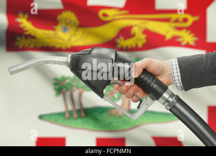 Kraftstoff Pumpe Düse in der hand mit kanadischen Provinzen und Territorien Fahnen auf Hintergrund - Prince-Edward-Insel Stockfoto