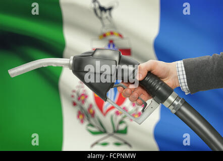 Kraftstoff Pumpe Düse in der hand mit kanadischen Provinzen und Territorien Fahnen auf Hintergrund - Yukon Stockfoto