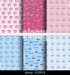 Satz von Musterdesigns Meer Thema für Jungen und Mädchen mit den Walen auf blau und rosa Hintergrund für den Hintergrund, Tuch Stock Vektor