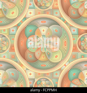 Komplexe geometrisches Muster in harmonischen Tönen von Braun, Smaragd, gelb und Orange, die komplett aus Quadraten und Kreisen. Geo Stockfoto