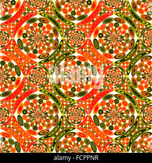 Bunte geometrische abstrakte digitale Kunst Muster in hellen Tönen von rot, orange und Olivgrün auf weißem Hintergrund. Stockfoto