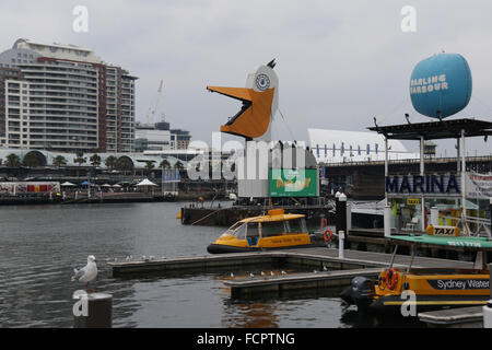 Vor der Australia Day Feierlichkeiten in Darling Harbour, ist was scheint, eine Art von riesigen weißen Vogel erschienen. Stockfoto