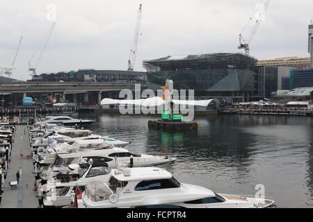 Vor der Australia Day Feierlichkeiten in Darling Harbour, ist was scheint, eine Art von riesigen weißen Vogel erschienen. Stockfoto