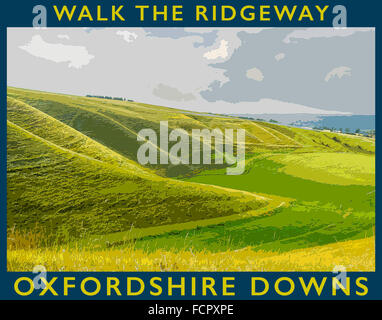 Ein Plakat Stil Illustration aus einem Foto der Oxfordshire Downs in der Nähe von Uffington, Oxfordshire, England, UK Stockfoto