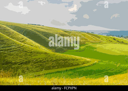 Ein Plakat Stil Illustration aus einem Foto der Oxfordshire Downs in der Nähe von Uffington, Oxfordshire, England, UK Stockfoto
