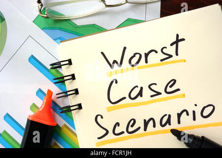 Notizblock mit Worst-Case-Szenario auf dem Holztisch. Stockfoto