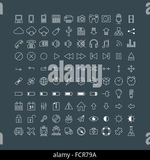 Satz von einfachen Vektor-Linie-Icons. Elektronische Geräte, Multimedia, Batterie, Transport Stock Vektor