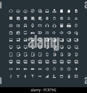 Set von 100 Technologie-Icons. Elektronische Geräte. Computer. Multimedia Stock Vektor