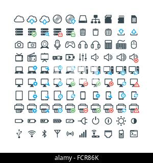 Set von 100 Technologie-Icons. Elektronische Geräte. Computer. Multimedia Stock Vektor