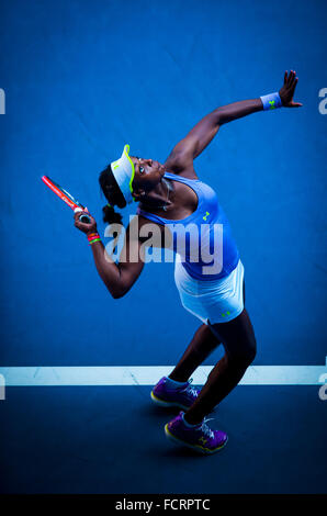 Junge amerikanische Tennisstar Sloane Stephens Niederlagen der veteran Womens champion Serena Williams bei den Australian Open 2013. Stockfoto