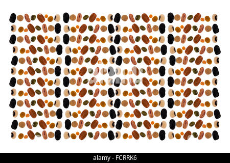 Bohnen, Hülsenfrüchte und Linsen. Gesunde Ernährung Muster, Hintergrund. Isoliert auf weiss. Stockfoto