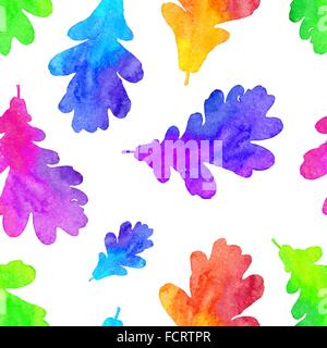 Regenbogen Aquarell gemalt Eiche Blätter nahtloses Muster Stock Vektor