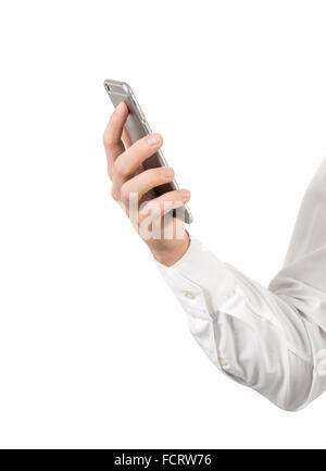 Smartphone in männlicher Hand, isoliert Stockfoto