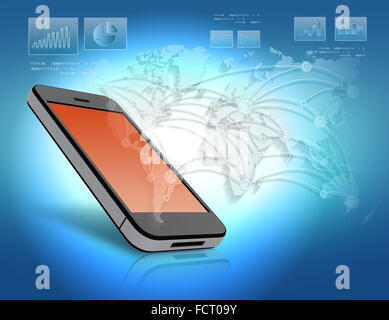 Handy mit orange Schirm und Weltkarte. Stockfoto