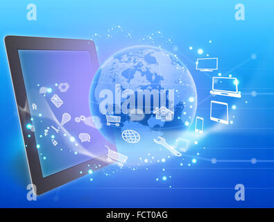 Symbole der Tablette um Planeten fliegen. Stockfoto