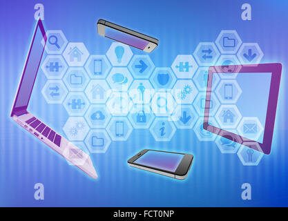 Satz von Applikations-Icons mit Laptop, Handy und Tablet. Stockfoto