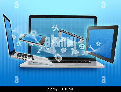 Spinnen-Symbol vor dem Tablet und Laptop. Stockfoto