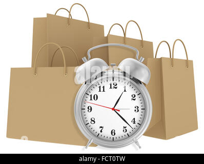 Wecker mit Papiertüten isoliert auf weißem Hintergrund Stockfoto