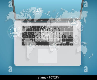 Soziale Weltkarte auf Hintergrund der laptop Stockfoto