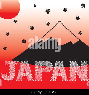 Abbildung der Japan weißen String Buchstaben Kunst mit Mount Fuji, Sakura und Sonne Stock Vektor