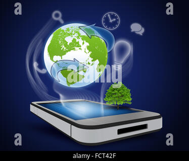 Telefon und Pfeile auf der ganzen Welt. Grüne Energiesparen. Stockfoto