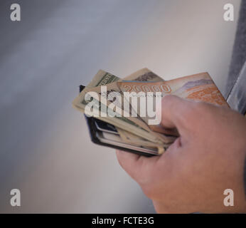 Mehrere Währungen in eine Brieftasche bereit für einige internationale Reisen. Stockfoto