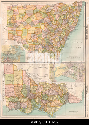 NEW SOUTH WALES & VICTORIA:Counties.Inset Melbourne Sydney.BARTHOLOMEW, 1898-Karte Stockfoto