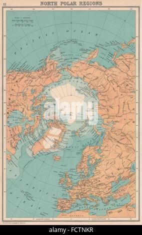 Arktis: North Pole Polar Regionen. Entdecker-Positionen. Bartholomäus, 1924 Karte Stockfoto