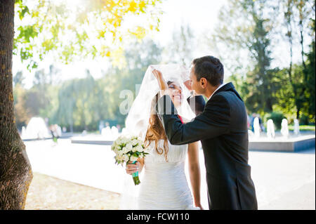 Schöne Hochzeitspaar auf der Gasse der Brunnen Stockfoto