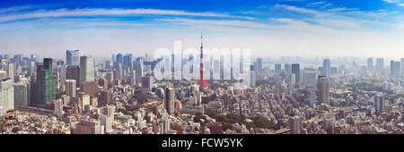 Die Skyline von Tokyo, Japan mit dem Tokyo Tower von oben fotografiert. Stockfoto
