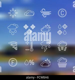 Vektor-weiße Kontur Wettervorhersage Icons Sammlung Sonne Regen Wind Temperatur Celsius Thermometer Untergang Graupel teilweise cloud Stock Vektor