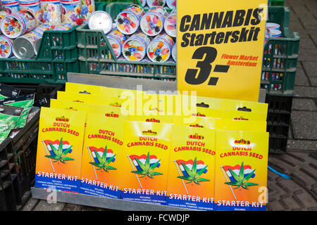 Päckchen / Pakete / Zinn / Zinn / Dosen der Cannabis-Pflanze / Pflanzen Saatgut / Samen für Verkauf Blumenmarkt Amsterdam Holland Niederlande Stockfoto