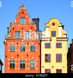 Platz zwei der berühmtesten Häuser am Stortorget in Stockholm, Schweden Stockfoto