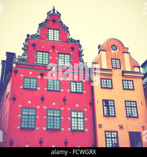 Alte Häuser am Platz Stortorget in Stockholm. Retro-Stil vorgefiltert Bild Stockfoto