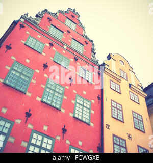 Alte Häuser am Platz Stortorget in Stockholm. Retro-Stil vorgefiltert Bild Stockfoto