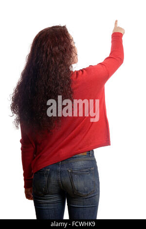 Frau zeigt auf Textfreiraum Stockfoto