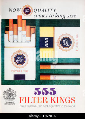 1960er Jahre Magazin Werbung Werbung State Express 555 Filter Könige Zigaretten. Stockfoto