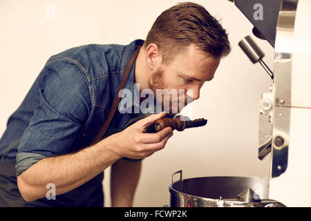 Kaffeeröster, riechen den Duft von einigen frisch gerösteten Kaffee Stockfoto