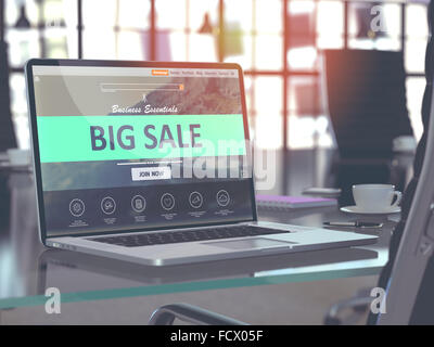 Big Sale Konzept Closeup auf Laptop-Bildschirm in modernen Büroarbeitsplatz. Getönten Bild mit Tiefenschärfe. 3D Illustration. Stockfoto