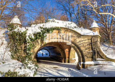 Meadoport Bogen Stein Doppelbogen und Tunnel am Morgen nach dem Blizzard 2016 im Prospect Park in Brooklyn, New York. Stockfoto